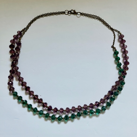 Purple and Green Faceted Czech Glass Beaded Layered Necklace Brass Accents - Picture 9 of 12